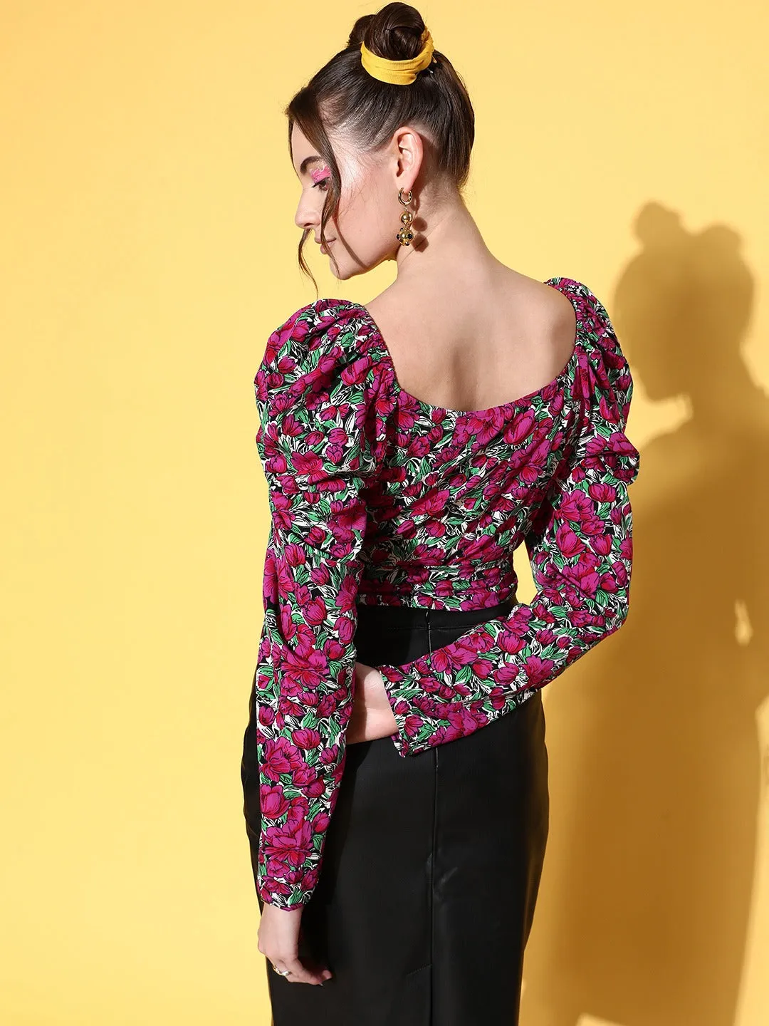 Berrylush Women Purple & Green Floral Printed Sweetheart Neck Front Tie-Up Crepe Wrap Crop Top