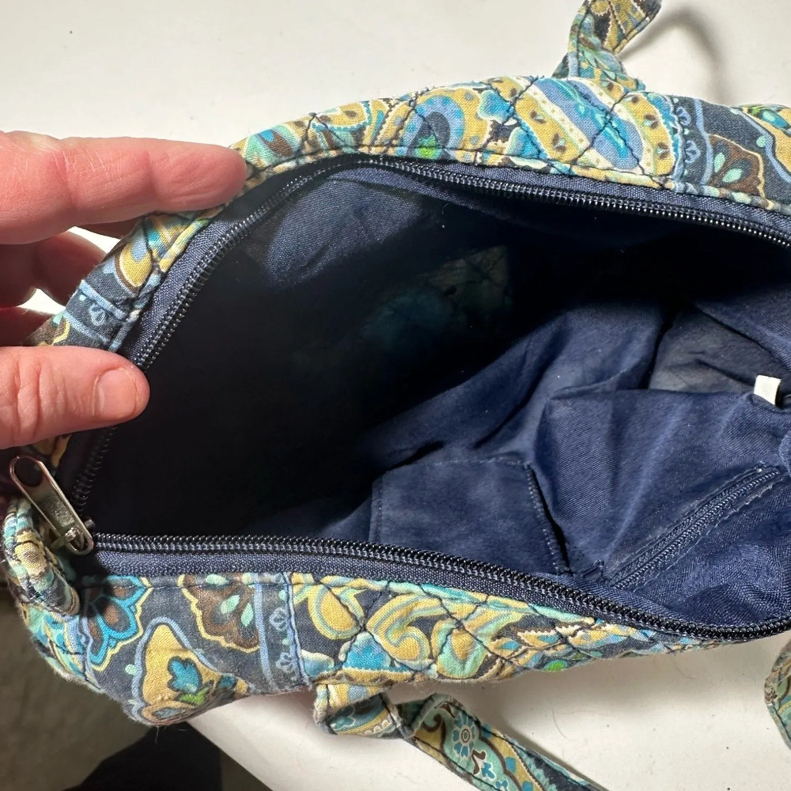 Blue and Green Quilted Shoulder Bag with Paisley Pattern