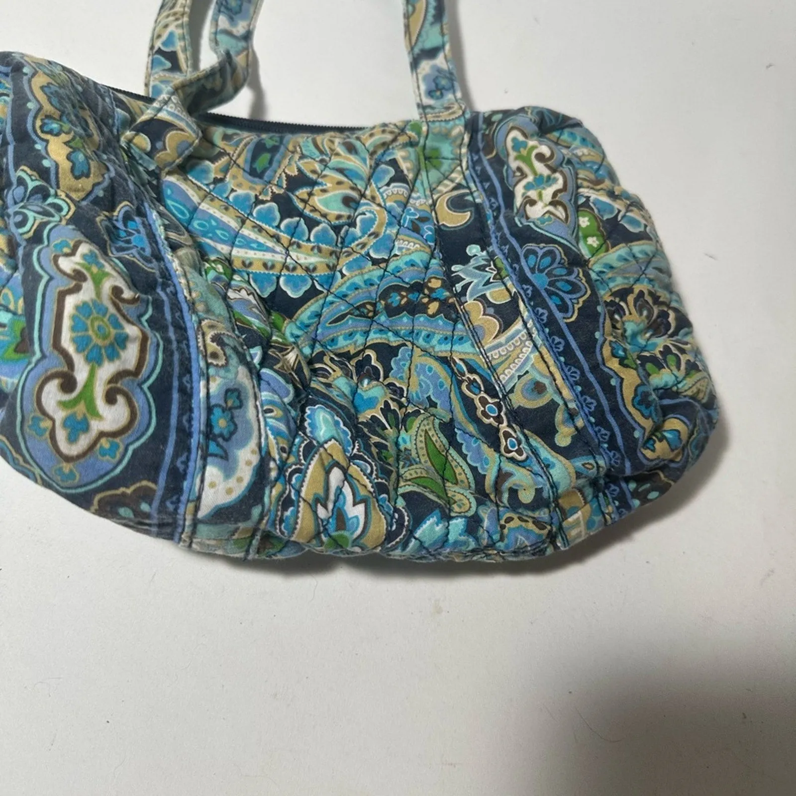 Blue and Green Quilted Shoulder Bag with Paisley Pattern