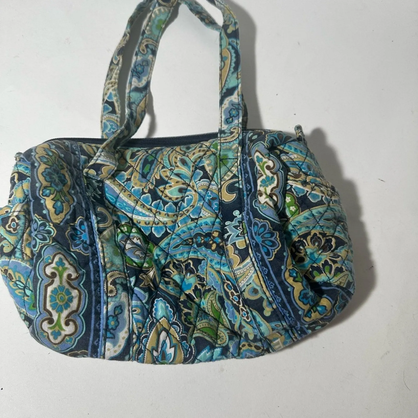 Blue and Green Quilted Shoulder Bag with Paisley Pattern