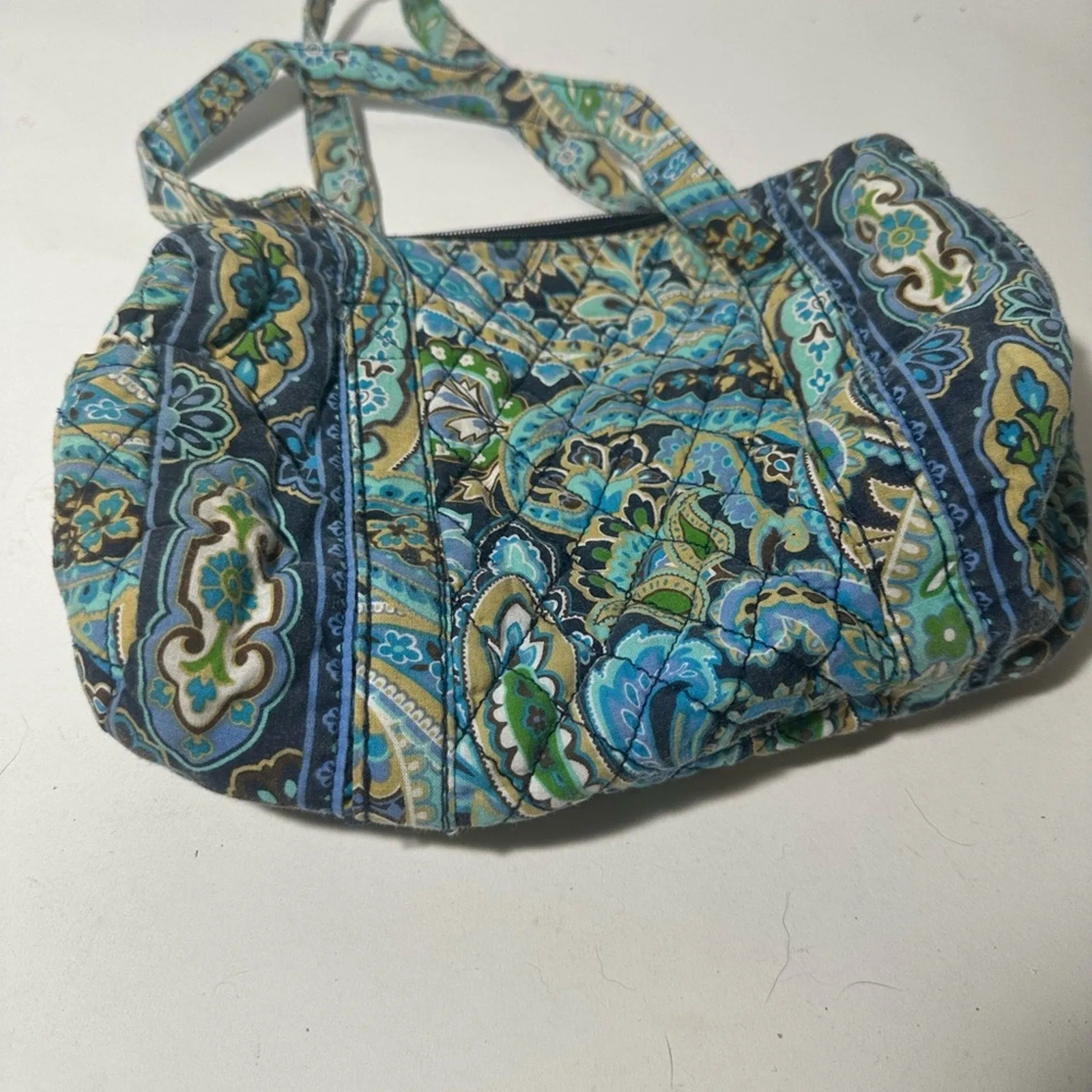 Blue and Green Quilted Shoulder Bag with Paisley Pattern