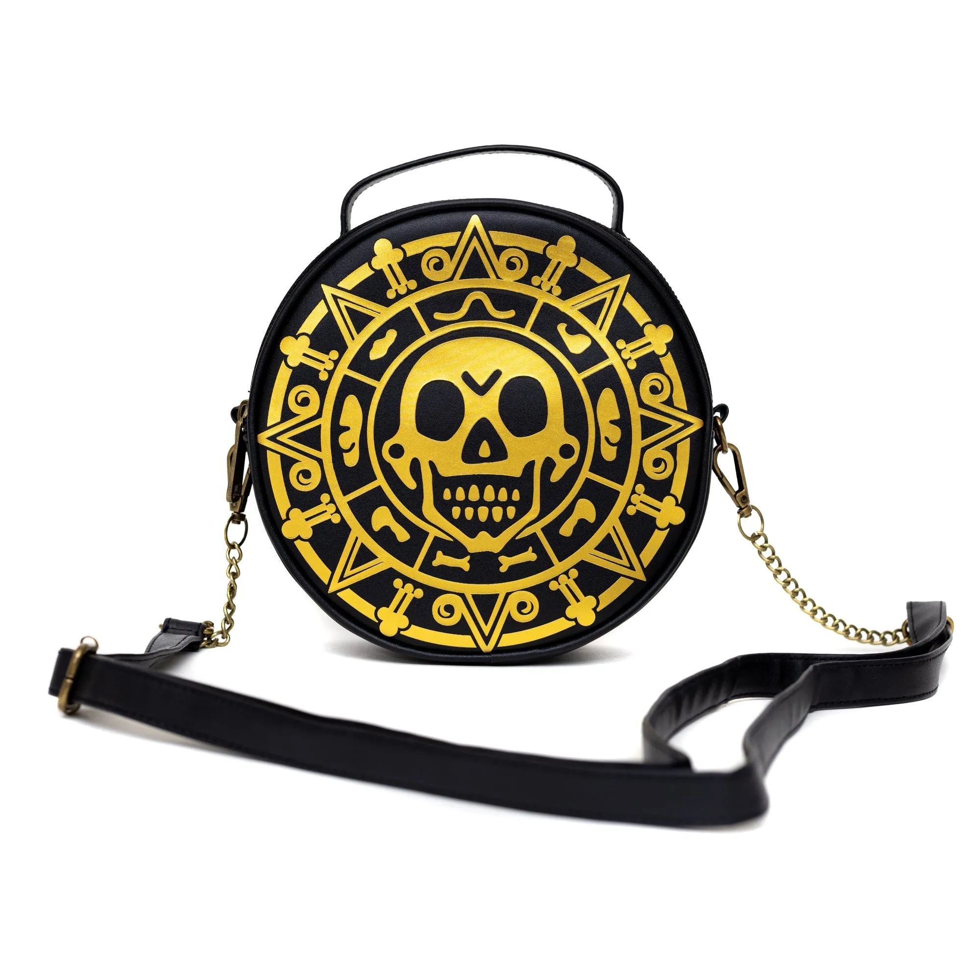 Disney Bag, Cross Body, Round, Pirates of the Caribbean Dead Men Tell No Tales Aztec Coin, Vegan Leather