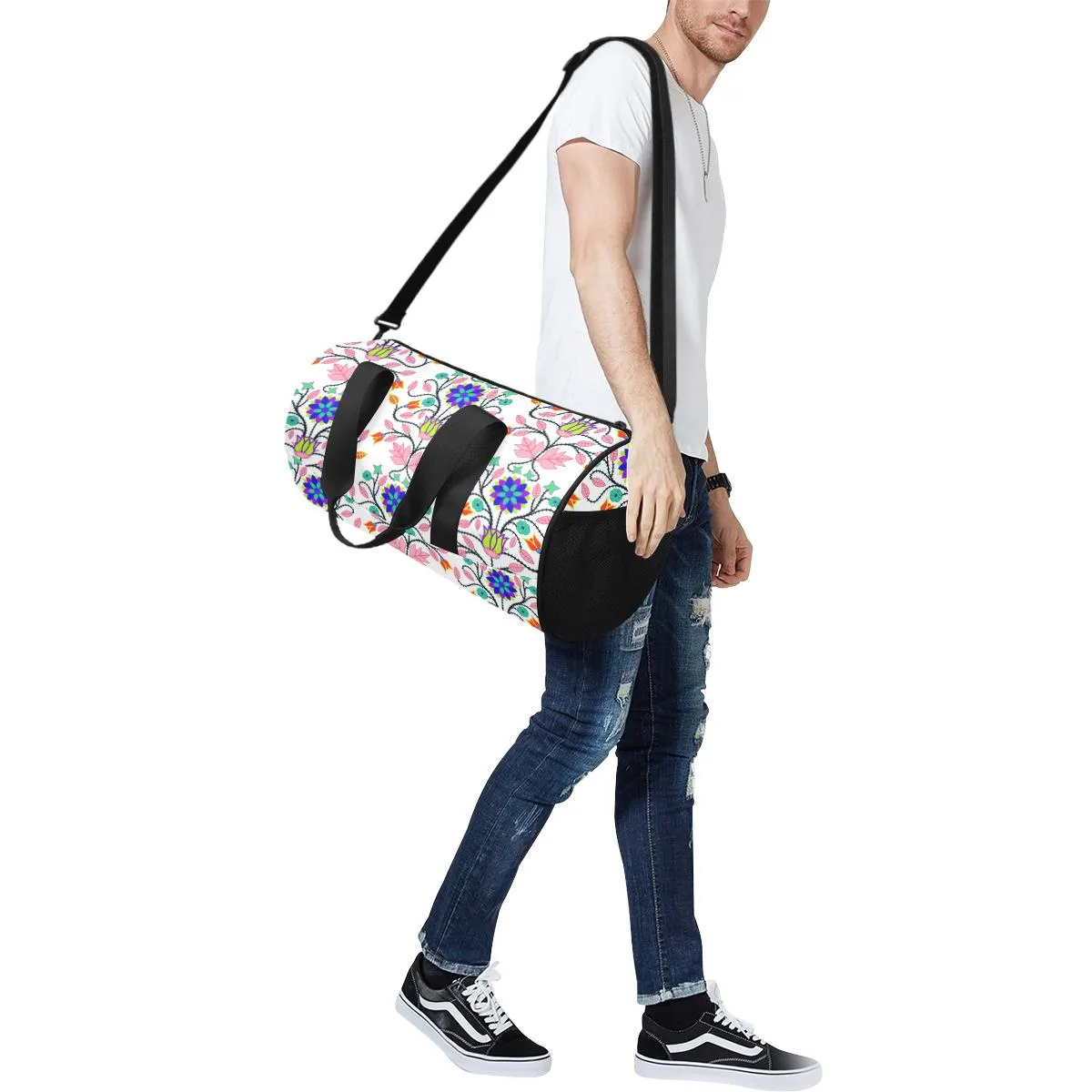 Floral Beadwork Four Clans White Duffle Bag