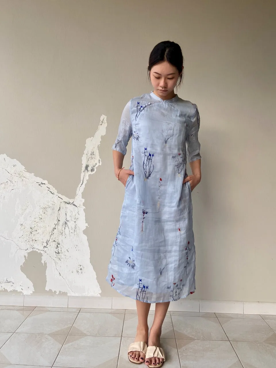 Light Blue Floral Embroidered Cheongsam Qipao Dress