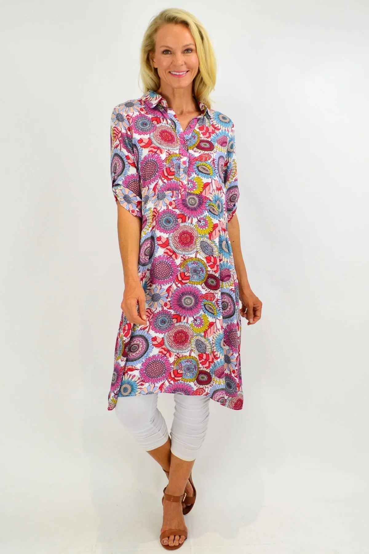 Multicolour Flower Tunic Shirt Dress