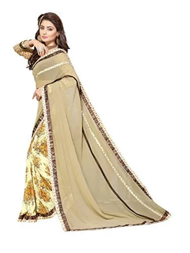 Oomph! Women's Georgette Sarees Party Wear/Fancy Georgette Sarees/Printed Georgette Sarees - Peanut Brown &amp; Banana Yellow
