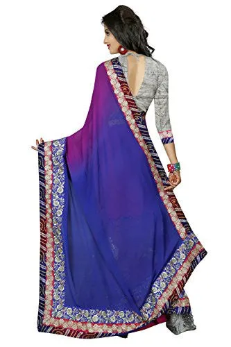 Oomph! Women's Georgette Sarees Party Wear/Fancy Georgette Sarees/Printed Georgette Sarees - Purple &amp; Azure Blue::Bubblegum Pink
