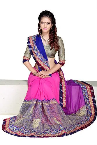 Oomph! Women's Georgette Sarees Party Wear/Fancy Georgette Sarees/Printed Georgette Sarees - Purple &amp; Azure Blue::Bubblegum Pink