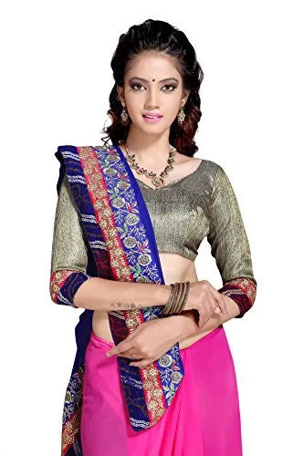 Oomph! Women's Georgette Sarees Party Wear/Fancy Georgette Sarees/Printed Georgette Sarees - Purple &amp; Azure Blue::Bubblegum Pink